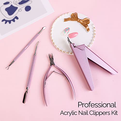 Melodysusie Acrylic Nail Clippers 4 In 1 Set, Adjustable Stainless Steel Nail Clippers For Acrylic Nails Tips, Professional Cuticle Nipper Cutter Cuticle Pusher Remover, Manicure Nail Salon Tool, Pink #TOP1