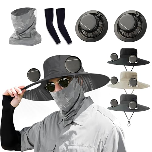 Solar Powered Fan Hat 2026 Outdoor Wide Brim Sun Hats with 2 Fans Solar Power for Adults - Summer UV Protection Fishing Hat USB Charging with Arm Sleeves and Face Covering Mask (Grey)