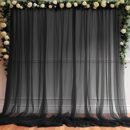 Image of 2pcs Backdrop Decoration Net Tulle Large Size, Nylon Made, Reusable, Soft, Wrinkled Free, 8 x 5 ft Each, Cabana Tent Party Decoration Items for Birthday, Anniversary (Black)