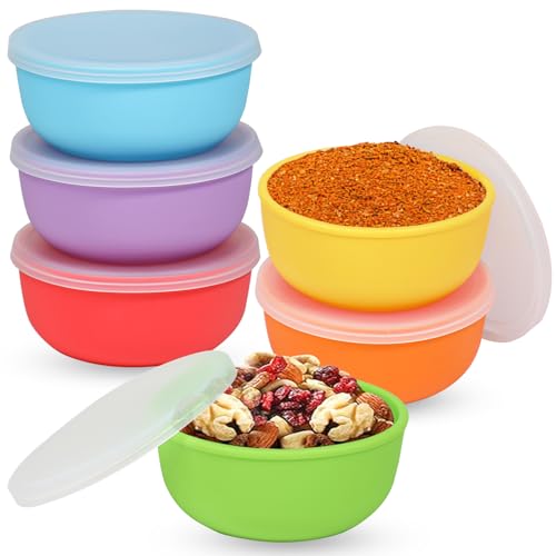 KOLUTI Nonstick Silicone Pinch Bowls Set of 6, 4oz Small Condiment Dipping Sauce Prep Bowl with Lid, Colorful Snack Serving Food Storage Mixing Containers for Side Dish, Microwave & Freezer Safe