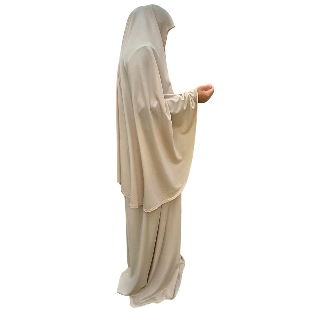 Prayer Set Two Piece (Khimar + Skirt) One Size Pull on Headscarf Stretchy Lycra Ideal Everyday/Home/Work/Travel/Hajj/Umrah/Mosque/Madrassa/Ramadan/Eid/Gift (Beige)