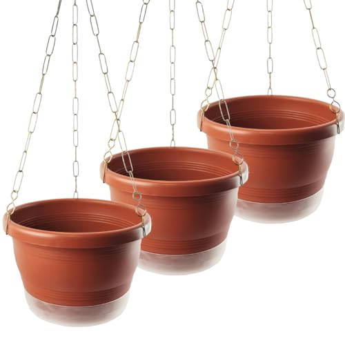 03 Vasos de Plantas Médio Cuias N23 com Pratinhos Correntes Ganchos e Mantas de Drenagem Cor:Marrom