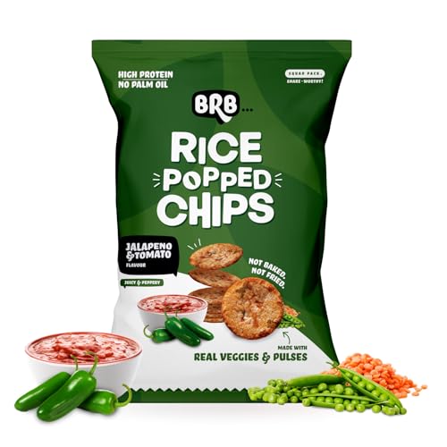 Image of BRB Rice Popped Chips | Jalapeno & Tomato Flavour | Not Fried. Not Baked | High Protein | 50% Less Oil, No Palm Oil, Healthy Snack | 48g /54g Pack (weight may vary)