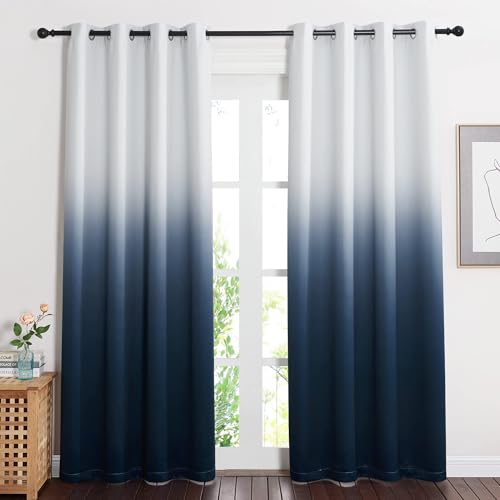 NICETOWN Blackout Curtains 63 inches Long, Room Darkening Navy Blue and Greyish White Grommet Thermal Insulated Gradient Curtains Ombre for Bedroom Living Room, 2 Panels, 52x63 inch