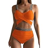 Bañador para mujer, color liso, cintura alta, cobertura de abdomen, seda dorada, bikini elástico dividido, rojo, XXL