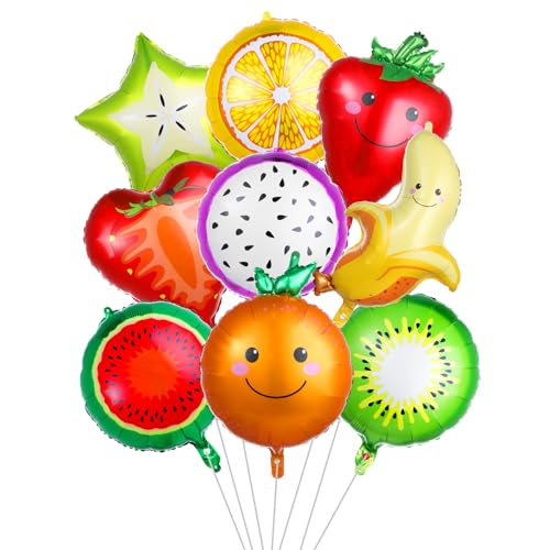 DSLSQD 18 Pics Fruit Balloons Tropical Fruit Party Decorations with Ribbon and Straw Aluminum Foil Balloons for Wedding Birthday Baby Shower