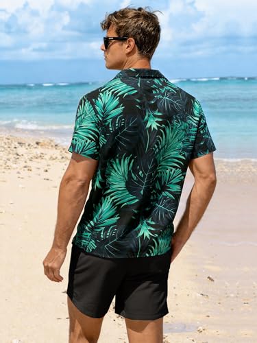 JEMLDL Men's Hawaiian 2 Piece Sets Short Sleeve Shirts Matching Linen Shorts Outfits Summer Beach Casual Clothes Dark Green Palm Leaves S — view 3