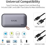 SSK portatif SSD 500GB Disques solides externes, jusqu'à 1050MB/s USB C SSD Disque dur externe USB 3.2 Gen2 pour iPhone 15/16/17Pro, Windows, Mac, Téléphones et tablettes Android