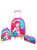 Kit Mochila Infantil Com Rodinhas Ariel Pequena Sereia + Lancheira + Estojo
