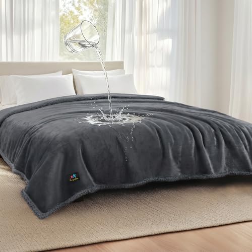 Luciphia Waterproof Pet Blankets, Liquid Pee Proof Dog Blanket for Sofa Bed Couch, Reversible Sherpa Fleece Furniture Protector Cover for Small Medium Large Dogs Cats, Dark Gray King Size（100' x 85'）