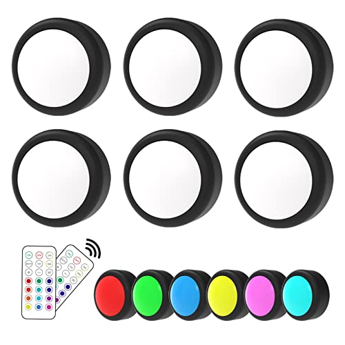 FTVOGUE Lot de 6 Rondelles LED avec Télécommande Fonctionnant à Piles Sous les Armoires, Lumière RVB à Changement de Couleur pour Placard, Veilleuse pour Cuisine, Armoire, Bibliothèque,