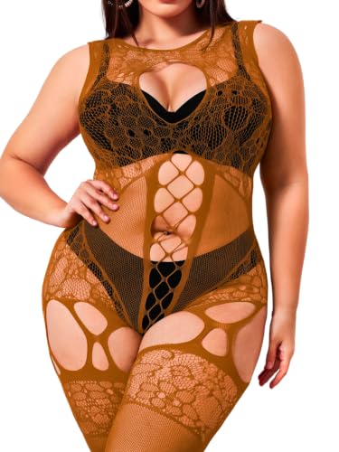 EHSUYAB Plus Size Body Stockings For Women Curvy BBW, Exotic Dancer Lingerie Outfits, Full Sexy Fishnet Bodysuit Rave Party Brown