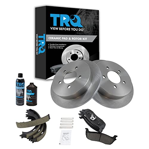 Image of TRQ Rear Brake Kit Ceramic Brake Pad Rotor Parking Shoes w /Chemicals Compatible with 1997-2002 Ford Expedition 1999-2003 F-150 2004 F-150 Heritage 2002 Lincoln Blackwood 1998-2002 Navigator