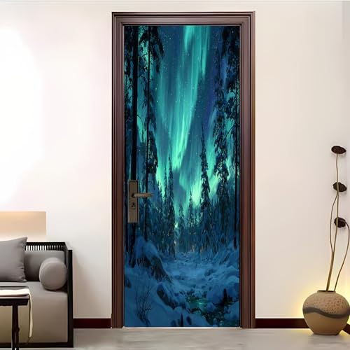 Pegatinas Para Puertas Autoadhesivo 83x204 cm Escena Nevada Del Bosque De Auroras Pegatinas Para Puertas Verde 3D Pegatinas Impermeables ExtraíBles Adecuado, DecoracióN Del Hogar