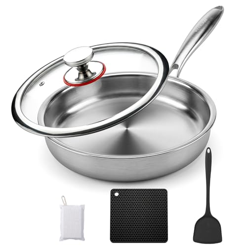 KEGDAN 12 Inch Stainless Steel Pan, 5pcs Tri-Ply Stainless Steel Frying Pan with Lid, Dishwasher & Oven Safe, Induction Cooking Skillets, Fast & Even Heat and Detachable Handle