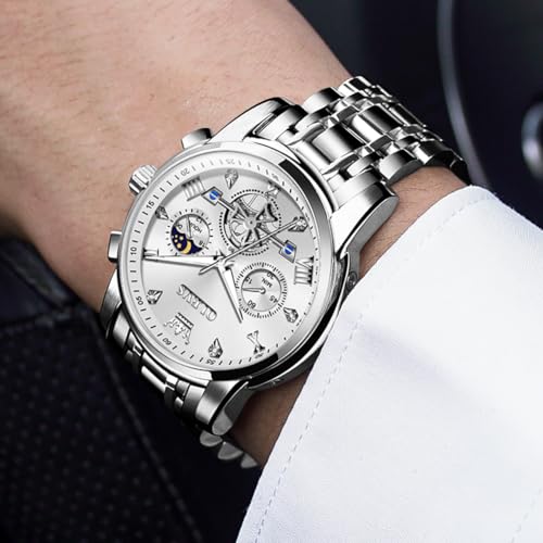 Image of OLEVS Watch for Men Analog Quartz Luxury Diamond Dial Dress Wrist Watches, 2856:Silver White, Silver Watch | Chronograph, 100Ft Waterproof, Calendar, Luminous, Stainless Steel Strap