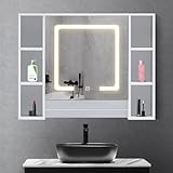 OFCASA Armario de Baño con Espejo y luz 1 Puertas 90 * 70 * 15.5cm, Armario de Pared Baño con Toallero y 6 Estantes Abiertos Blanco, Mueble para Baño Interruptor Táctil Estilo Moderno