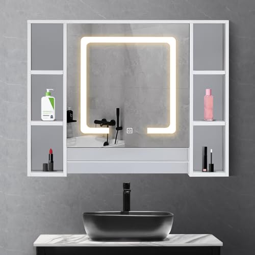 OFCASA Armario de Baño con Espejo y luz 1 Puertas 90 * 70 * 15.5cm, Armario de Pared Baño con Toallero y 6 Estantes Abiertos Blanco, Mueble para Baño Interruptor Táctil Estilo Moderno