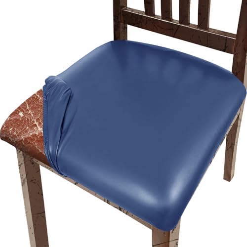 Image of Pu Leather Dining Chair Seat Covers Set of 6, Waterproof Dining Seat Covers Stretch Chair Covers for Dining Chairs /Kitchen Room /Hotel, Odorless Seat Covers for Kitchen Chairs (Blue - 6 PCS)