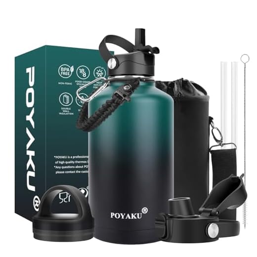 Water Bottle Insulated 64 oz- Straw lid and Auto Spout lid, Leak Proof, Vacuum Insulated, Large Metal Stainless Steel Water Jug Half Gallon Wide Mouth for Sports, Gym, Keep Cold 24H Hot 12H
