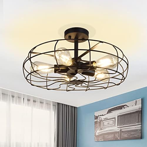 Depuley 5-Light Industrial Ceiling Light, 19 Inch Farmhouse Semi Flush Mount Chandelier, Rustic Metal Cage Ceiling Light Fixture, Black Retro Close to Ceiling Lighting for Kitchen Dining Room Bedroom