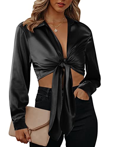 Chigant Satin Blouses for Women Party Crop Tops Sexy Wrap Blouses