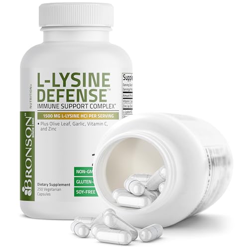 Image of Bronson L-Lysine Defense Immune Support Complex 1500 MG L-Lysine Plus Olive Leaf, Garlic, Vitamin C and Zinc - Non-GMO, 250 Vegetarian Capsules
