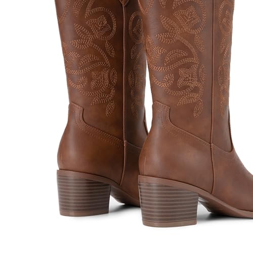 DREAM PAIRS Cowboy Boots for Women Cowgirl Western Boots Fashion Embroidery Stitched Chunky Heel Mid Calf Boots3