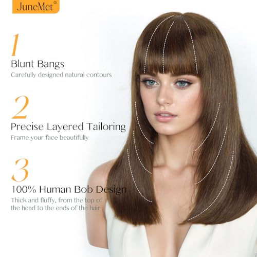 Image of 6x4 Lace Brown Bob Human Hair Wig with Bangs human hair wigs for white women Layered Lace Front Closure Curtain Bangs Wear and Go Glueless 100% Real Human Hair Wigs for White Women 16 Inch