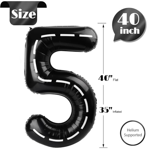 Image of Race Car 5 Balloon, Number Balloons 40 Inch, 5th Black Birthday Balloon Decorations, Race Car Birthday Party Supplies, 5 Number Balloons, Number 5 Balloon