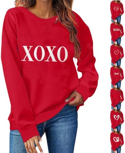 Valentine Shirts for Women Long Sleeve Crewneck Valentines Sweatshirt Love Heart Graphic Letter Print Pullover Tops