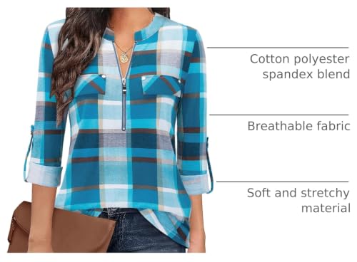 Image of Bulotus 3 /4 Length Sleeve Womens Striped Tops Zipper V Neck Collared Blouses Business Casual Tunics 2026 Spring Trendy