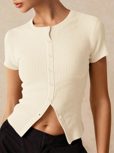 Image of Imily Bela Womens Short Sleeve Sweater Tops Summer Button Down Casual Ribbed Knit Slim Fit Cropped Cardigan Shirts
