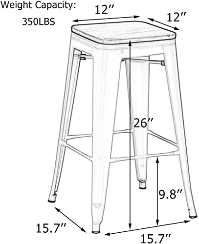 Andeworld Bar Stools Set of 4 Stackable Metal Bar Stools Industrial Counter Height Stools Backless Barstools with Wooden Seats (26 inch, Matte Black with Wooden Seats)