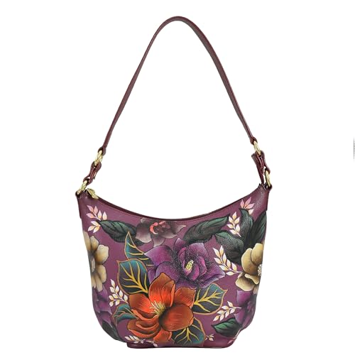 Anuschka Large Shoulder Hobo Womens Hand-Painted Genuine Leather Handbag - Floral Dusk
