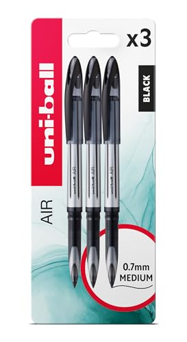 uni-ball UB-188-L Air Rollerball Pens. Premium 0.7mm Medium Nib for Super Smooth Handwriting. Writes Like a Fountain Pen. Fade and Water Resistant Liquid Uni Super Ink. Pack of 3 Black Ballpoint Pens