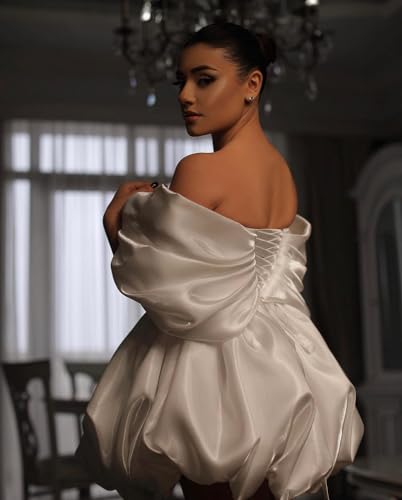 ALFEICE Off The Shoulder Short Wedding Dresses for Bride Pufffy Satin Bridal Dresses w/Pockets Strapless Formal Ball Gowns2