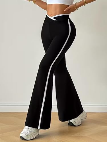 Miza Women's Wide Pants Black Diving Lycra High Waist Side Line White Wide Leg Pants for Girls and Women (Black, M)