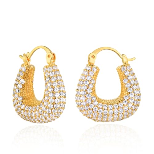 Gold Huggie Hoop Earrings 14K Gold Plated Dainty Chunky Thick Hoop Diamond Cubic Zriconia Inlay Sleeper Tiny Delicate Boho Beach Simple Hypoallergenic Jewelry Gift for Her