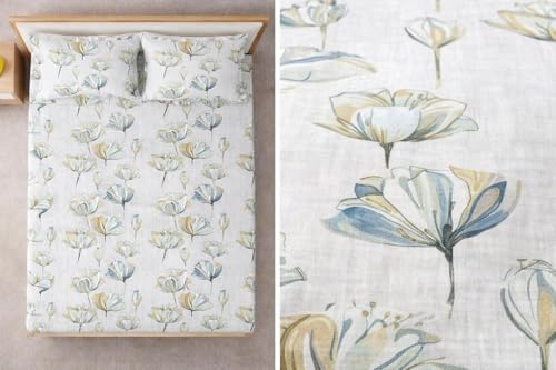Image of 350 TC Premium Heavy Cotton Feel Elastic Fitted Bedsheet King Size with 2 Pillow Covers || Double Bed with All Around Elastic (White Flower, Fitted Queen-60x78)