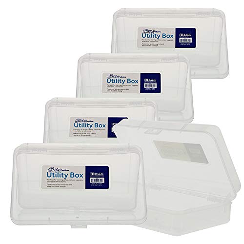 BAZIC Clear Multipurpose Utility Box, Cubby Cubes Bin Pen Pencil Boxes Storage, Desk Plastic Organizer Case, Transparent See Through, for Pen Pencil College Student Kids School Supplies, 4-Pack