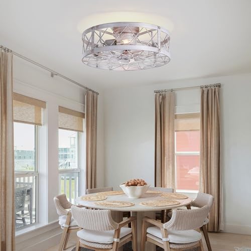 Flush Mount White Caged Ceiling Fan with Light, 20" Small Bladeless Ceiling Fan and Remote, Rustic Low Profile Ceiling Fans 4-Speed Reversible Enclosed Ceiling Fans for Bedroom Kitchen Farmhouse - Image 7