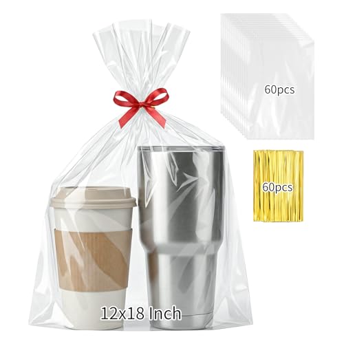 Image of woric 60PCS Cellophane Gift Bags 12x18 Inch Clear Treat Bags | with Twist Ties Cellophane Wrap for Cookie Bakery Candy Small Gift Basket Party Favor Baby Shower Birthday Fall Teacher Gifts