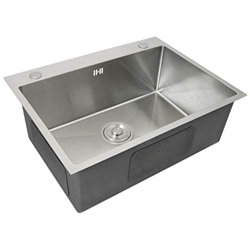 Evier Simple Cuisne Inox Carré Finition Satiné Commercial 1 Cuve Bouchon avec Filtre Tuyau d'Evacuation