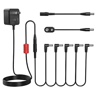 【9V ADAPTER】OUTPUT: 9V DC, 1A (1000mA), Tip Negative (-) design .INPUT: AC100V-240V, 50-60Hz, 9W 【live for music.】Stable power supply circuit design, enough power for guitar pedals. 【5 way power chain cables 】5 way cable chain could power on 5 pedals...