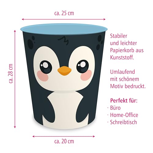 itenga Papierkorb für Kinder mit Tier Motiv - Pinguin - Kawaii Design - rund ca. 11 Liter - Mülleimer fürs Kinderzimmer - stabiler Kunststoff