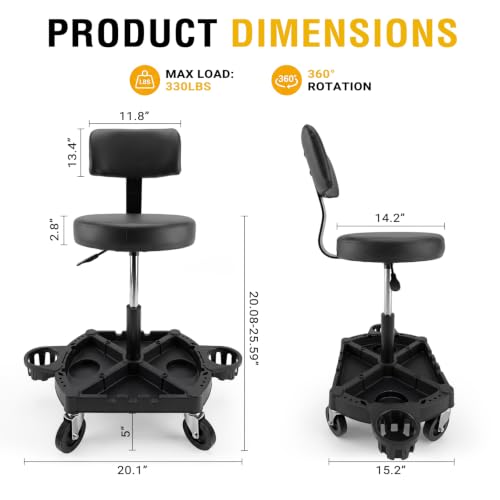 Rolling Shop Stool with Wheels, Mechanic Chair Garage Stool with Backrest by TEROMAS - Used condition - Image 3