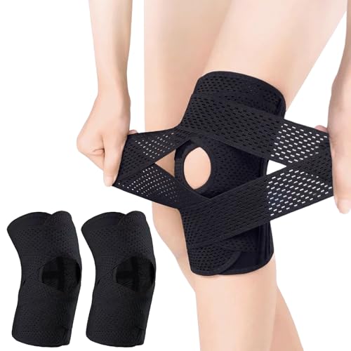 Dianfen Knee Support with Side Stabilizers - 1 Pair Adjustable Sport Knee Pads, Breathable Knee Support Brace, for Running, Basketball, Sports, Fitness(Black,XL)