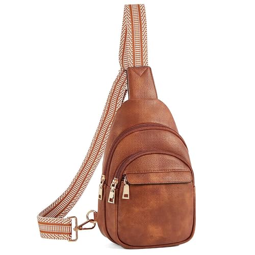 Hebetag Leather Sling Bag Casual Crossbody Daypack for Women Lady Outdoor Travel Camping Hiking Fishing Shoulder Chest Pack (Brown)