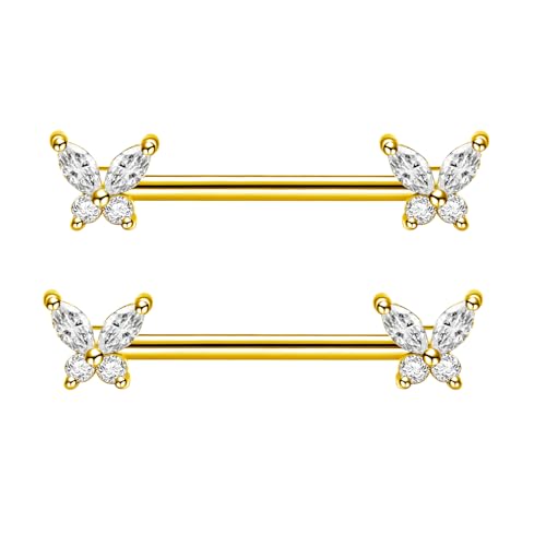 Besyvvin 2er Brustwarzenpiercing 14mm Gold Schmetterling Nippelring Brustpiercing Chirurgenstahl Piercing Brustwarze